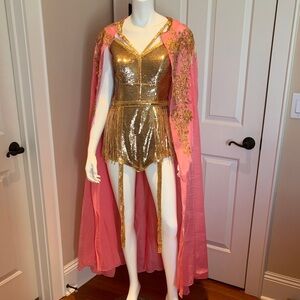 Gold Sequin Bodysuit with Pink Cape